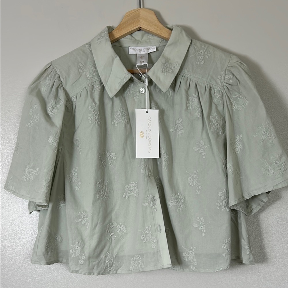 Caroline  Constas Sage Green Embroidered Women's Top 100% cotton
